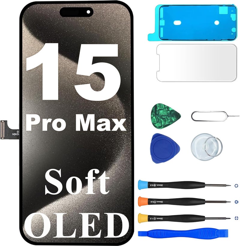M.P. + for iPhone 15 Pro Max Soft OLED Screen Replacement,[FHD][COF][Face ID] Touch Display Digitizer Assembly with Repair Tools Kit,Waterproof Tape - Image 1